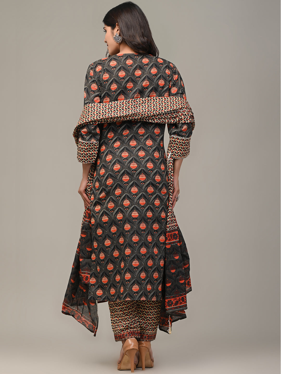 COTTON PRINTED GREY KURTA SET WITH DUPATTA
