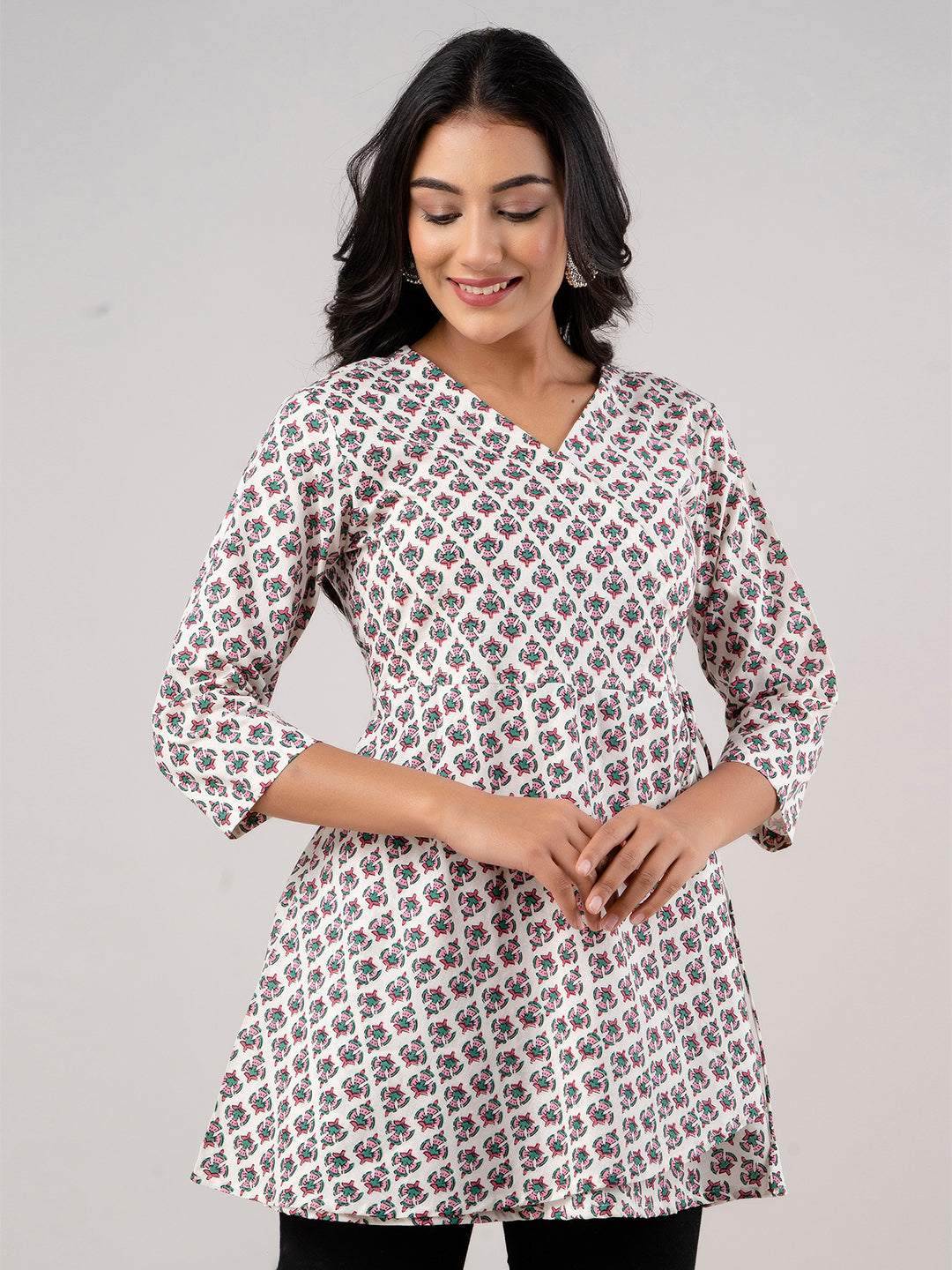 Cotton Printed White Angrakha Short Tunic