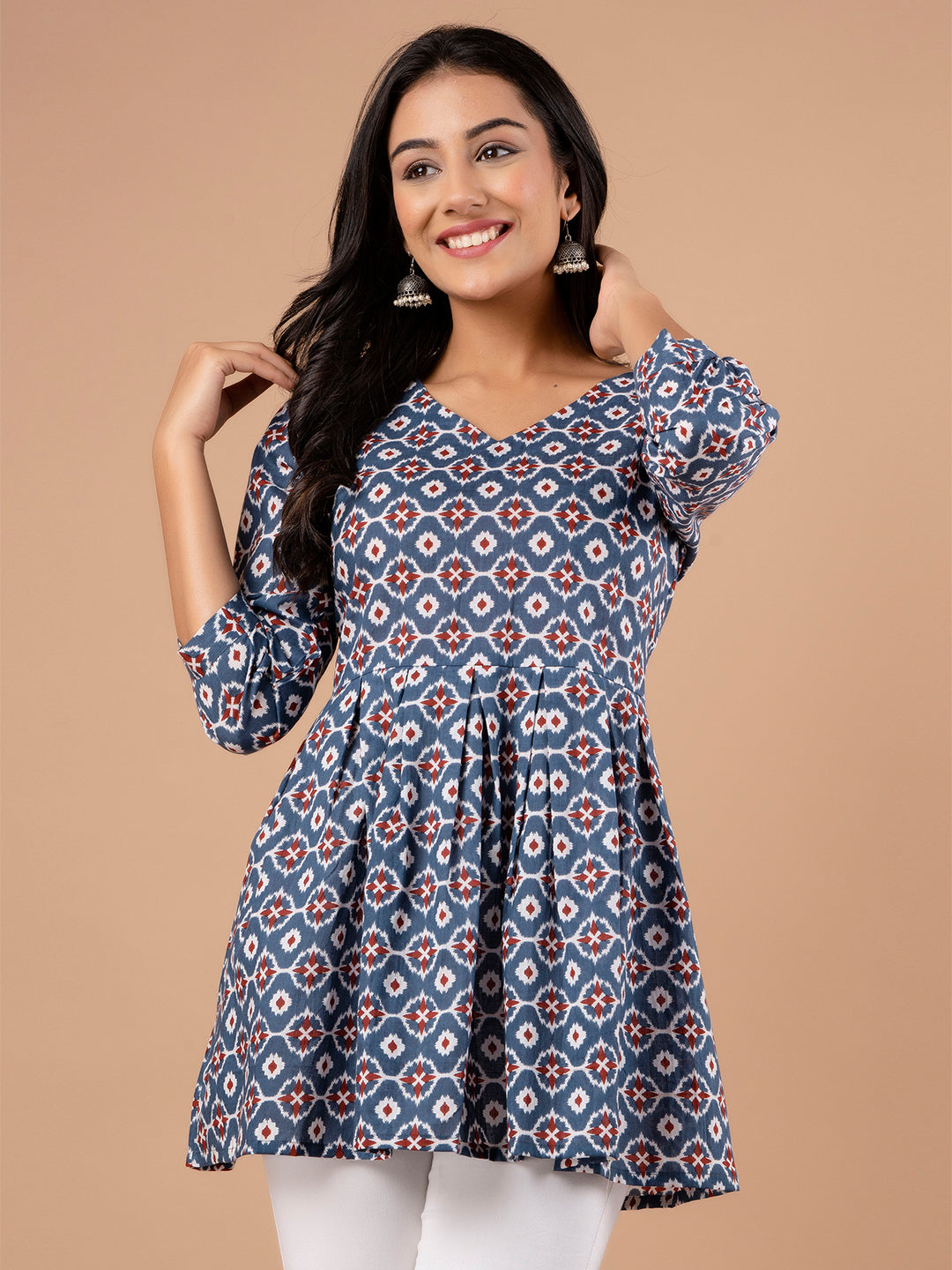 Printed Cotton Grey Peplum Tunic