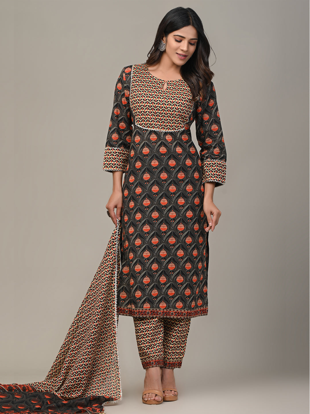 COTTON PRINTED GREY KURTA SET WITH DUPATTA