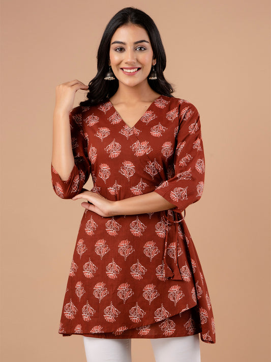 Cotton Printed Rust Brown Angrakha Short Tunic