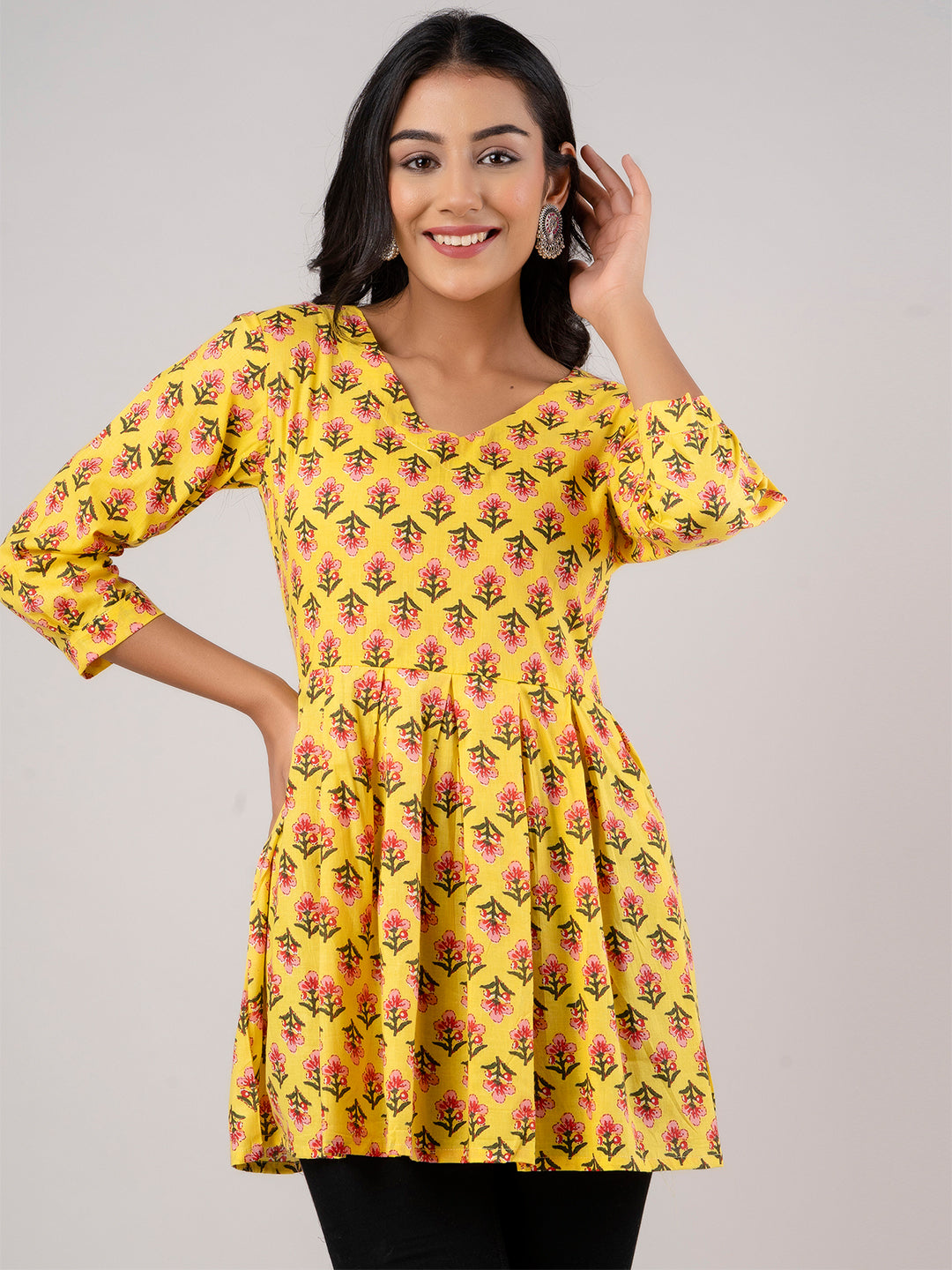 Printed Cotton Yellow Peplum Tunic