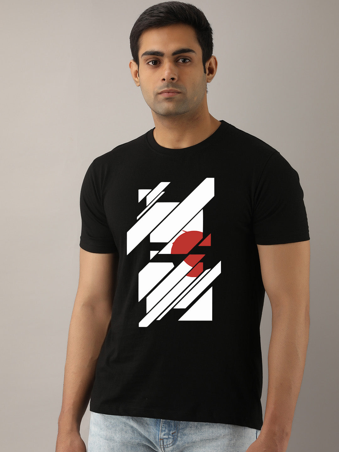 Abstract Red Sun Black Half Sleeve T-Shirt