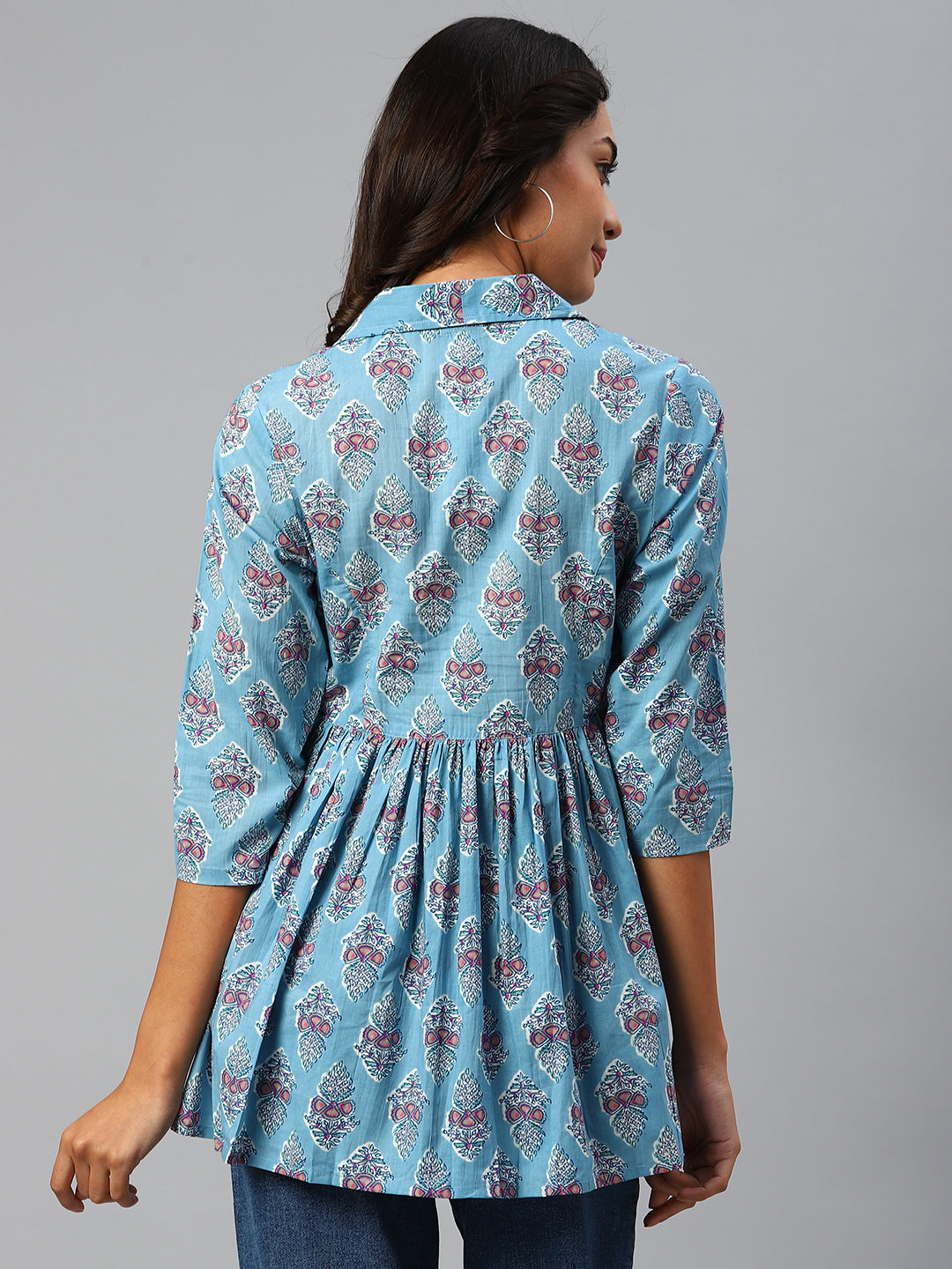 WOMEN BLUE COLLARED PRINTED FLARED KURTI