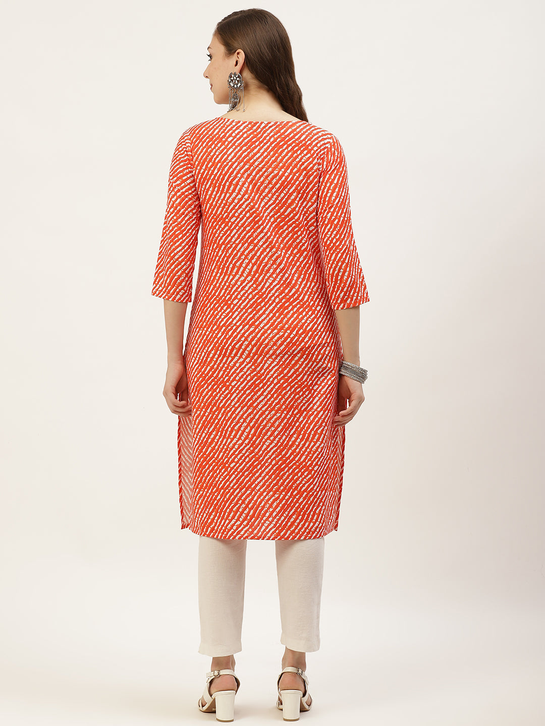 WOMEN ORANGE LEHERIYA YOKE DESIGN COTTON KURTI