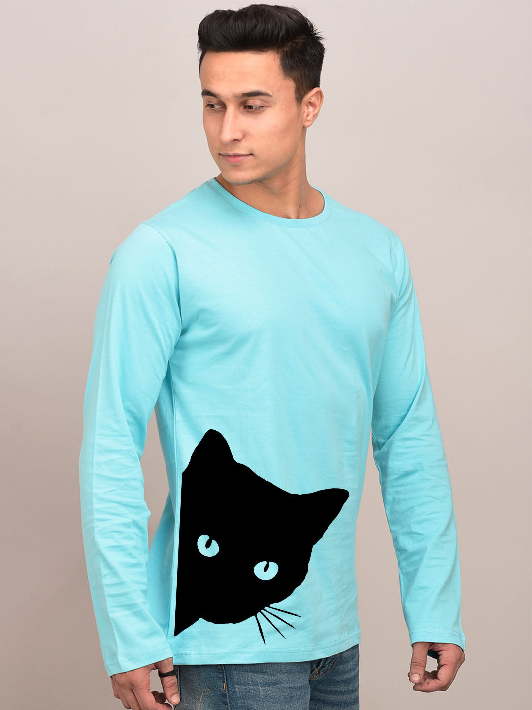Cat Side Aqua Blue Full Sleeves T-Shirt