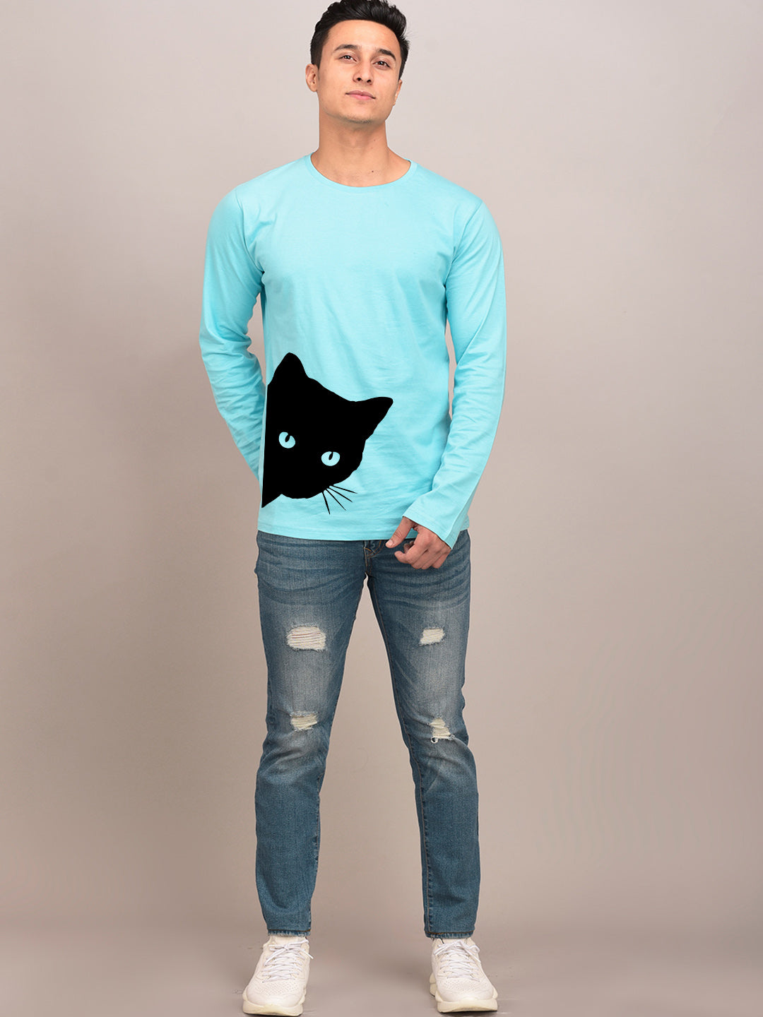 Cat Side Aqua Blue Full Sleeves T-Shirt
