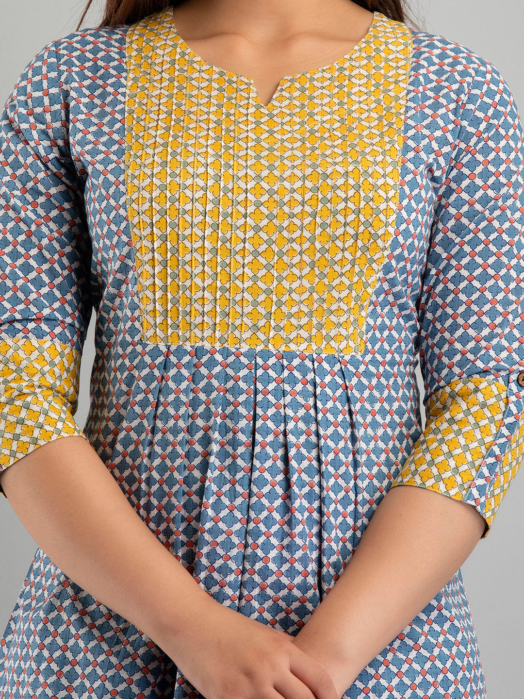 WOMEN BLUE COTTON PRINTED A-LINE KURTI