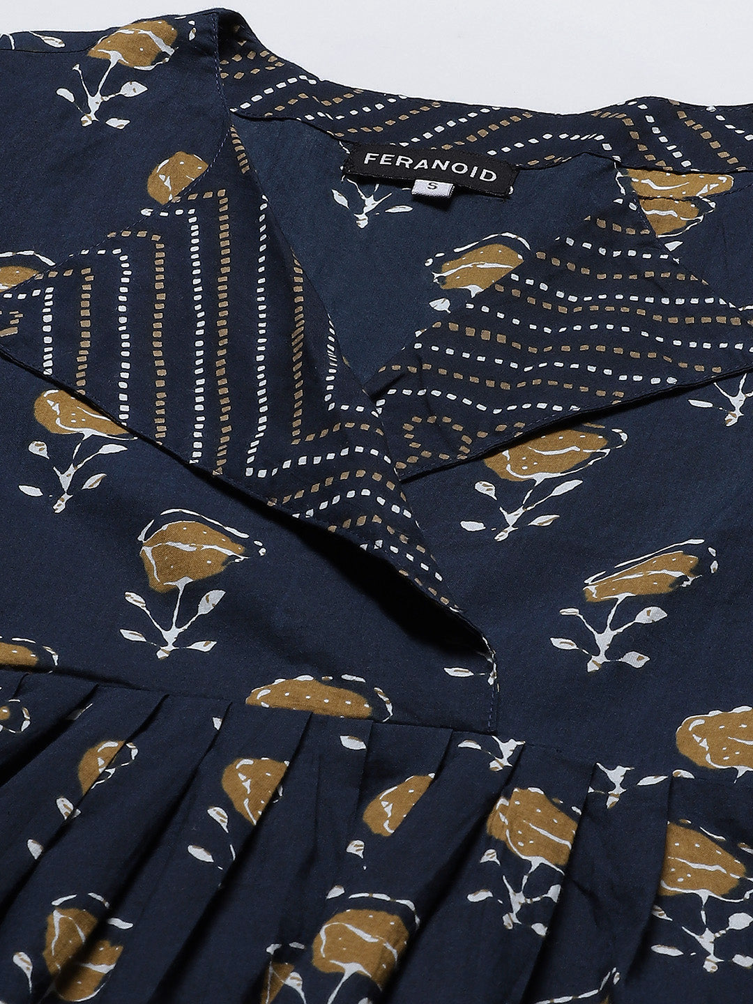 WOMEN BLUE & BROWN COLLARED PRINTED FLARED KURTI