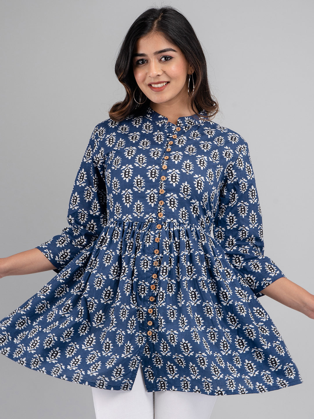 Women Flared Blue Designer Short Kurti