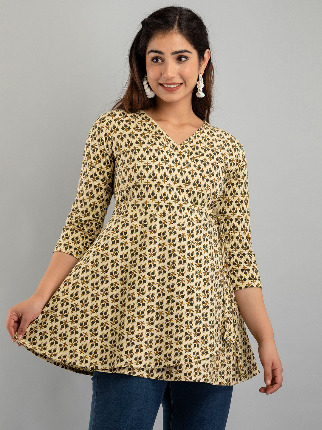COTTON PRINTED BEIGE SHORT TUNIC