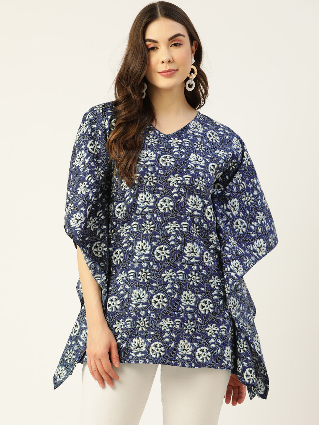 WOMEN BLUE COTTON PRINTED KAFTAN