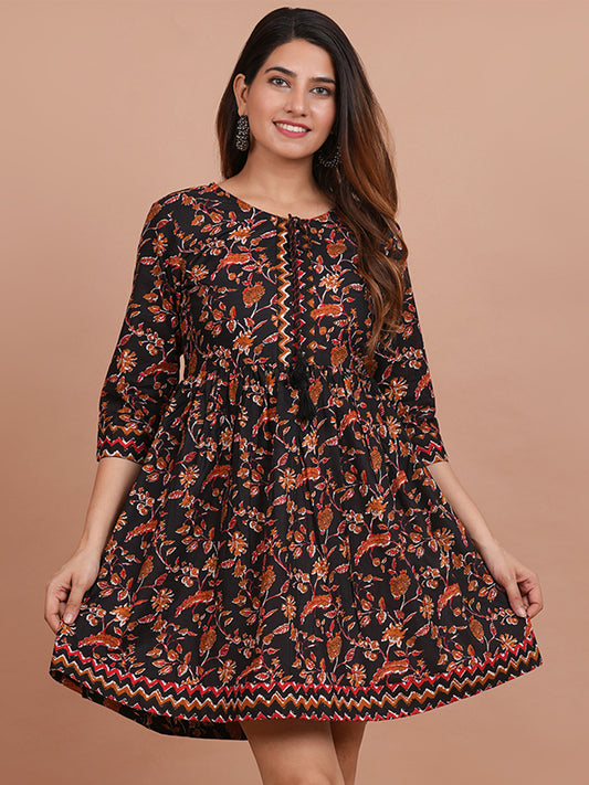 Cotton Printed Black Floral Dress