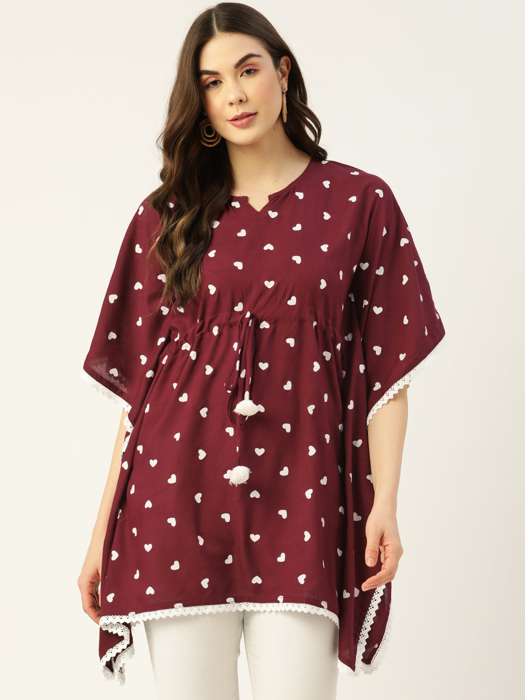 WOMEN MAROON RAYON PRINTED KAFTAN TUNIC