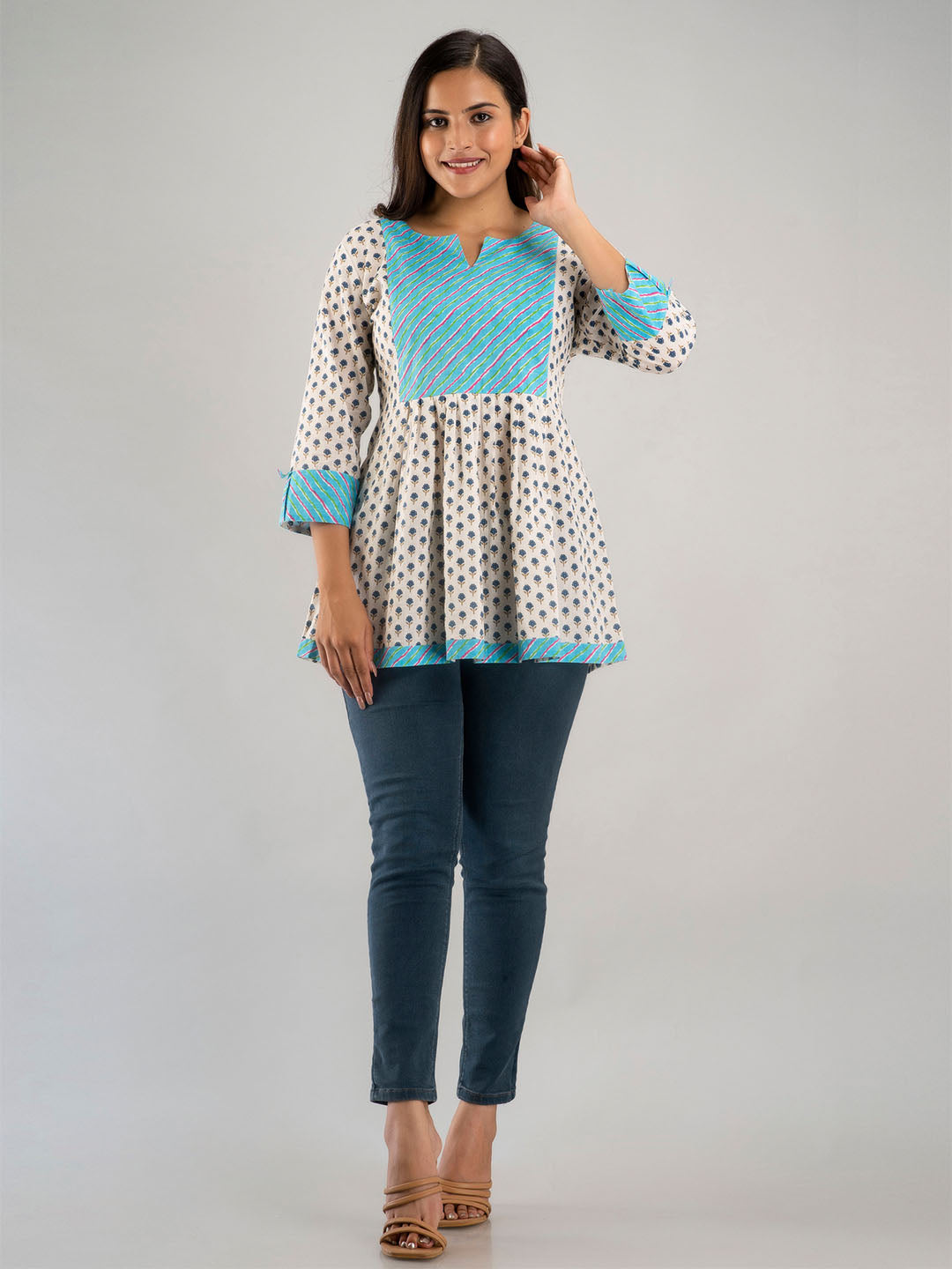 WOMEN WHITE & BLUE COTTON PRINTED A-LINE KURTI