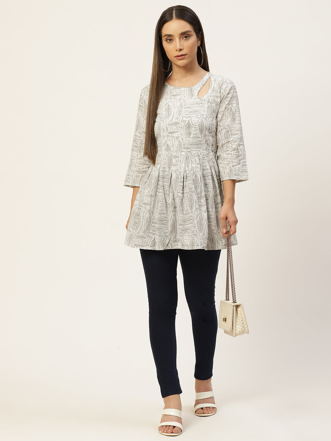 WOMEN FLARED DESIGNER BEIGE SHORT KURTI