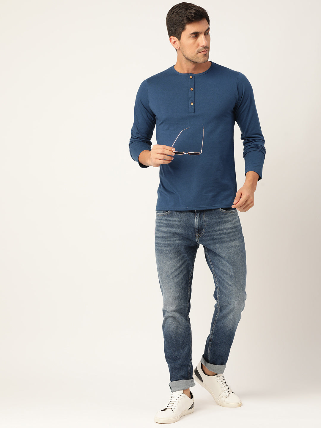 Plain Teal Blue Henley Full Sleeves T-Shirt