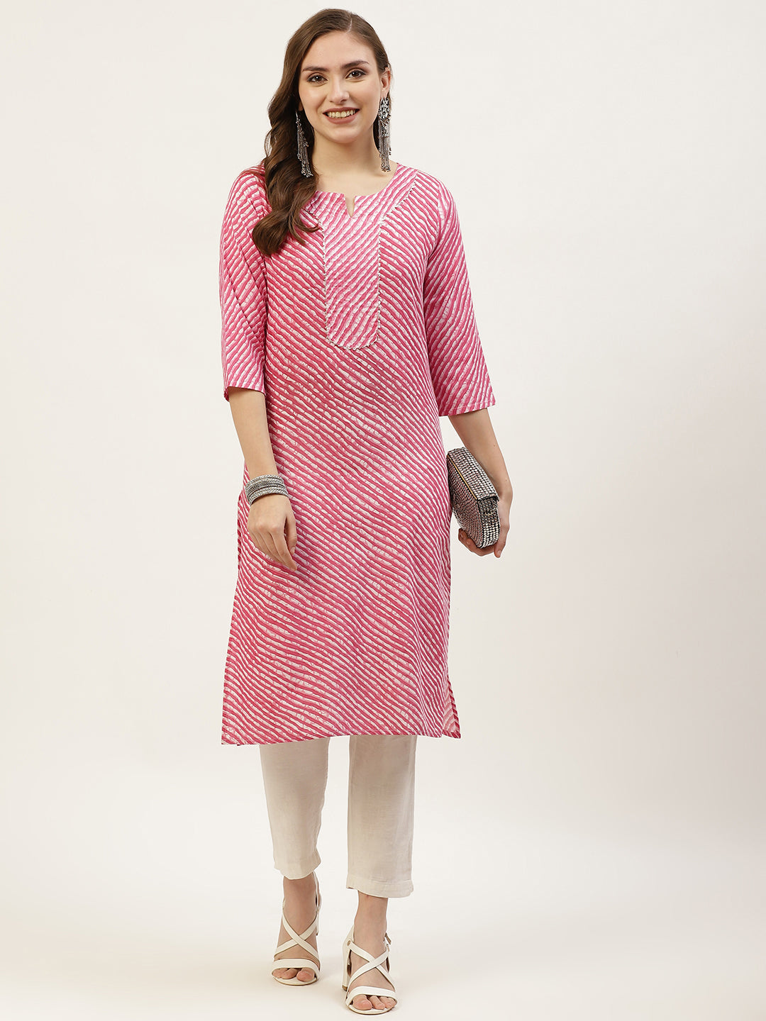 WOMEN PINK LEHERIYA YOKE DESIGN COTTON KURTI