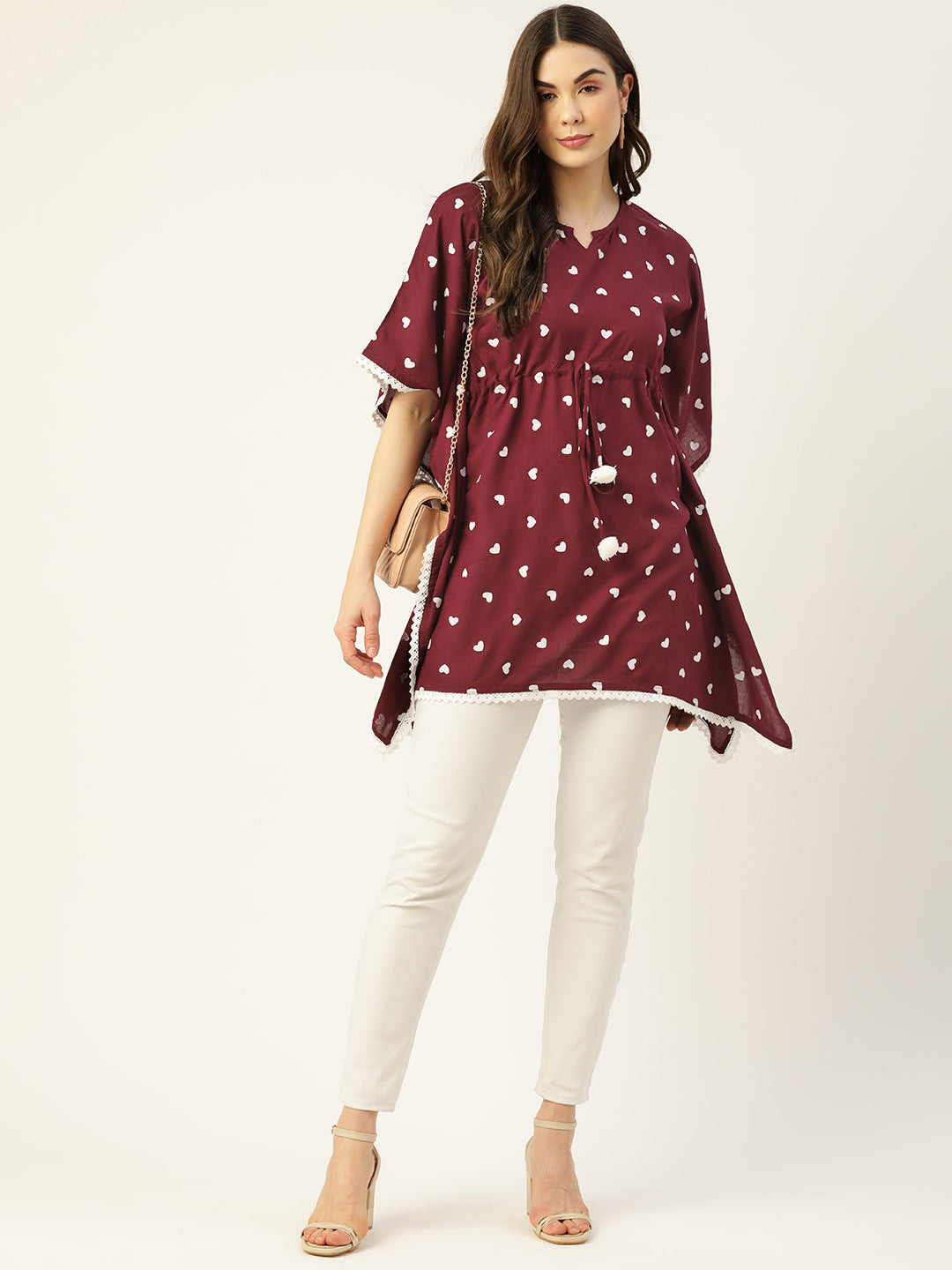 WOMEN MAROON RAYON PRINTED KAFTAN TUNIC