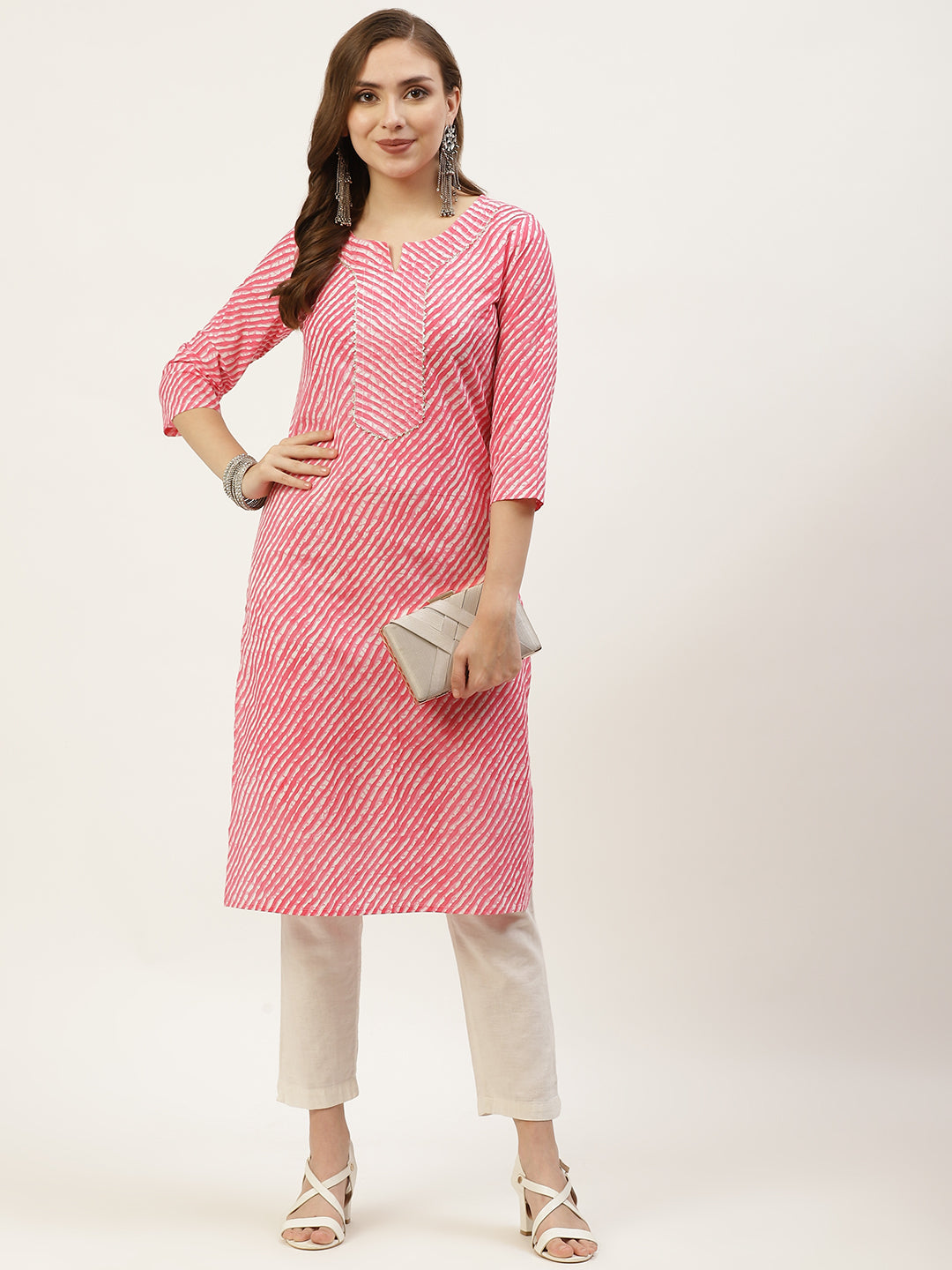 WOMEN MAUVE LEHERIYA YOKE DESIGN COTTON KURTI
