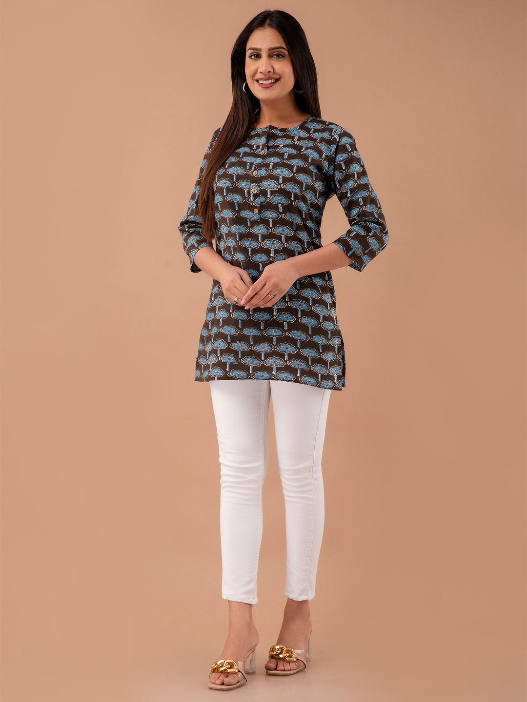Women Black Cotton Printed Short Kurti