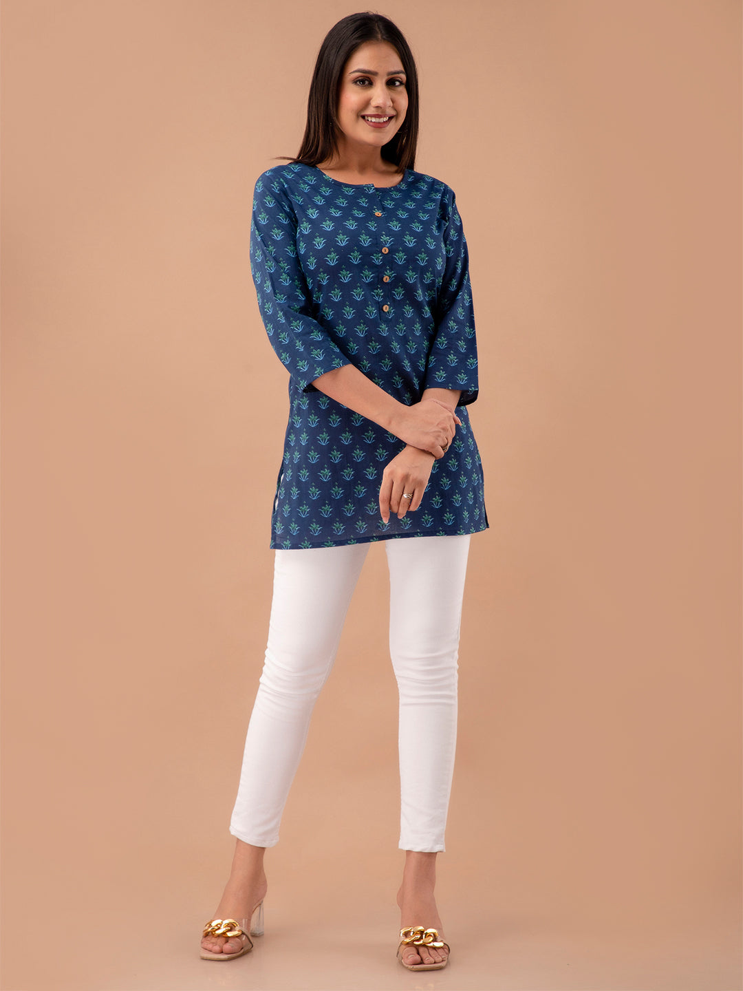 Women Royal Blue Cotton Printed Short Kurti