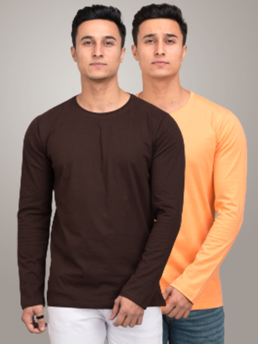 Pack Of 2 Plain Peach And Brown Full Sleeves T-Shirts