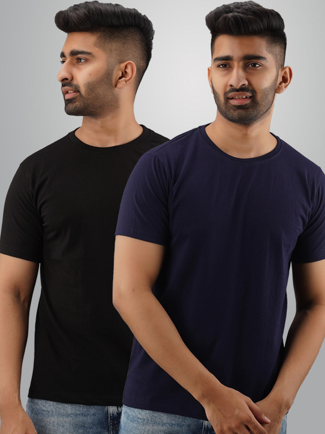 Plain Half Sleeves Pack Of Two Black And Blue T-Shirts