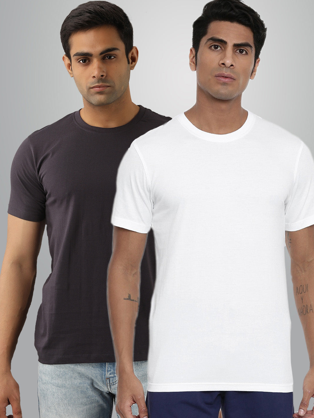 Plain Half Sleeves Pack Of Two Grey And White T-Shirts