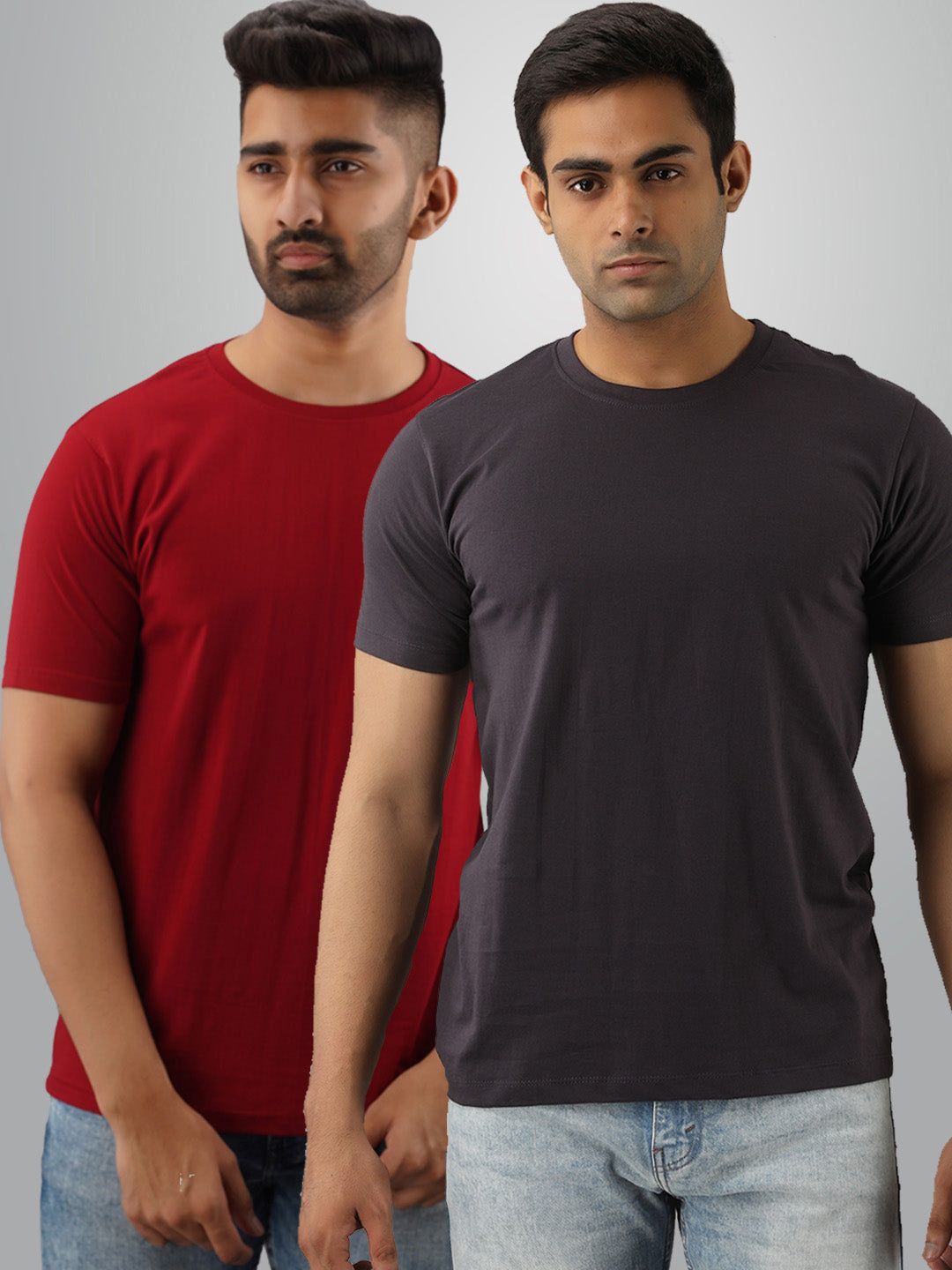 Plain Half Sleeves Pack Of Two Maroon And Grey T-Shirts