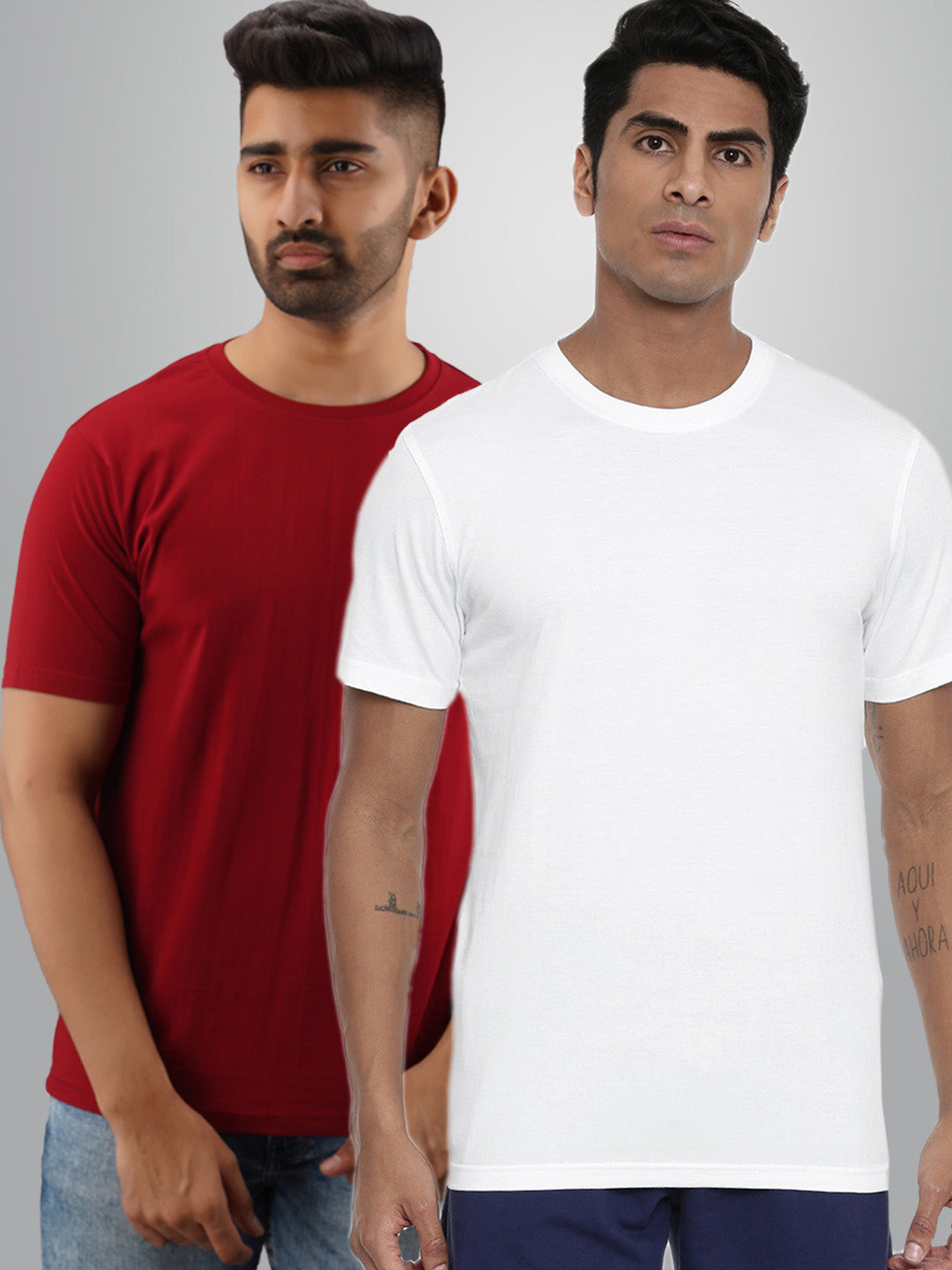 Plain Half Sleeves Pack Of Two Maroon And White T-Shirts