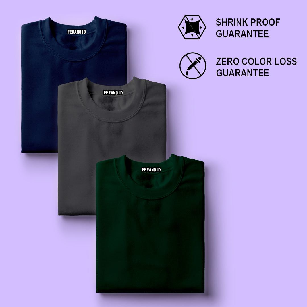 Plain Pack Of 3 T-Shirts : Blue Grey Green