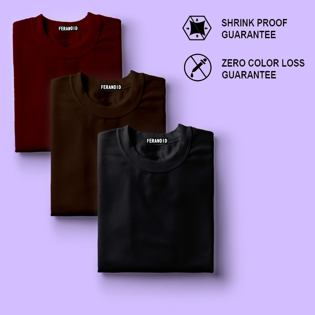 Plain Pack Of 3 T-Shirts : Maroon Brown Black