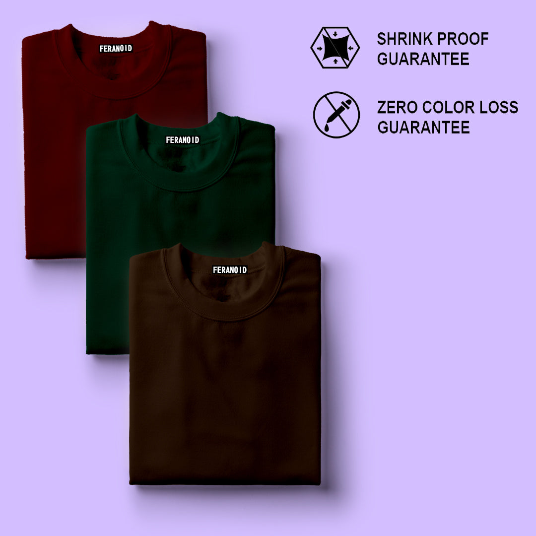 Plain Pack Of 3 T-Shirts : Maroon Green Brown