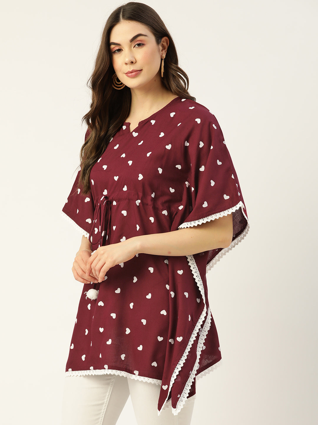 WOMEN MAROON RAYON PRINTED KAFTAN TUNIC