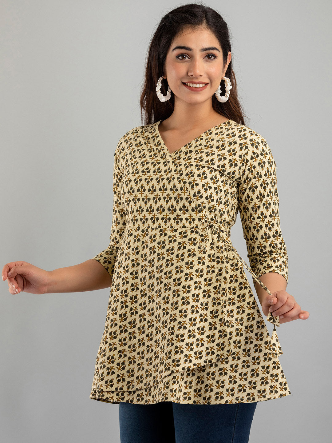 COTTON PRINTED BEIGE SHORT TUNIC