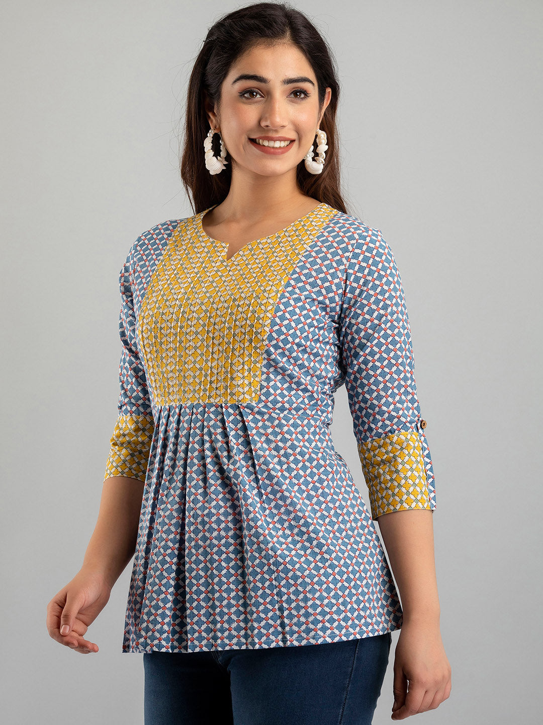WOMEN BLUE COTTON PRINTED A-LINE KURTI