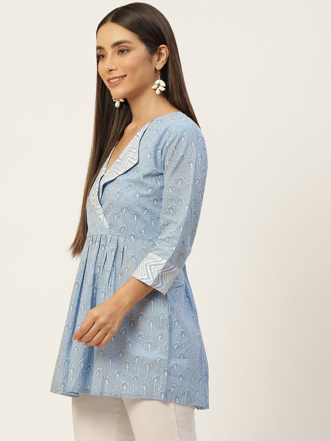 WOMEN LIGHT BLUE COLLARED PRINTED FLARED KURTI