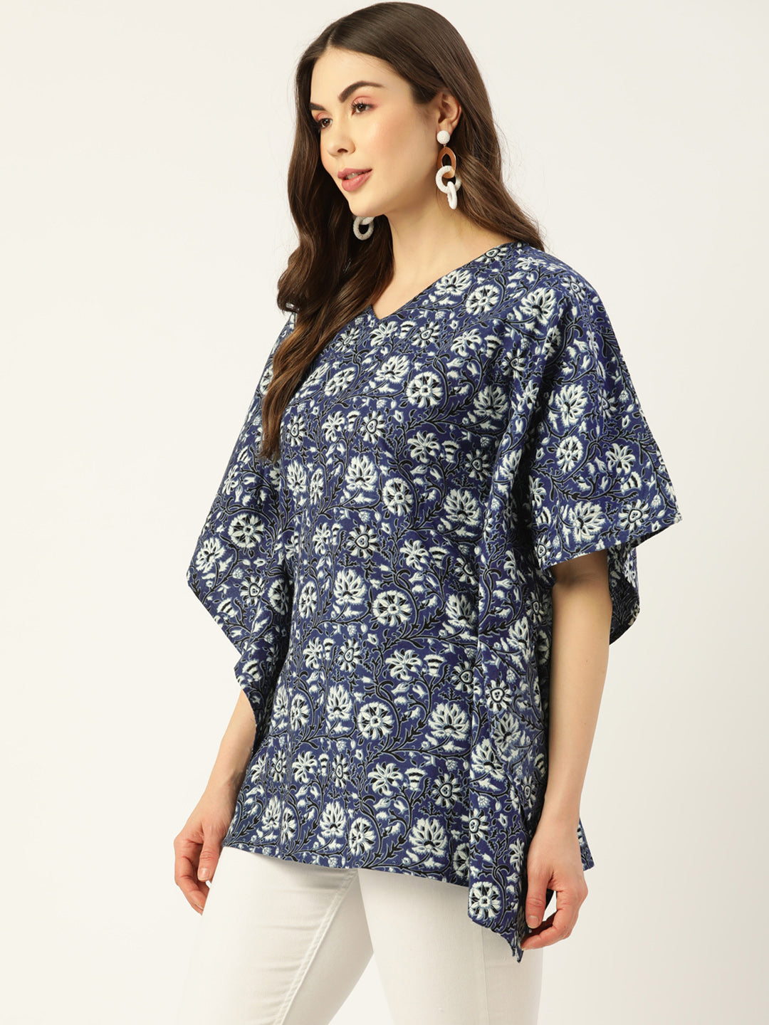WOMEN BLUE COTTON PRINTED KAFTAN
