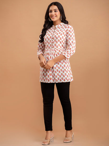 Floral Printed Pure Cotton Pleated A-Line Kurti FRKT6223
