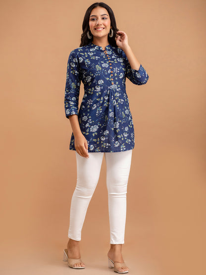 Floral Printed Pure Cotton Pleated A-Line Kurti FRKT6224