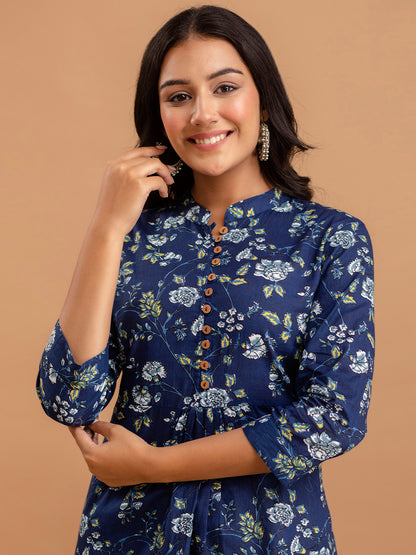 Floral Printed Pure Cotton Pleated A-Line Kurti FRKT6224