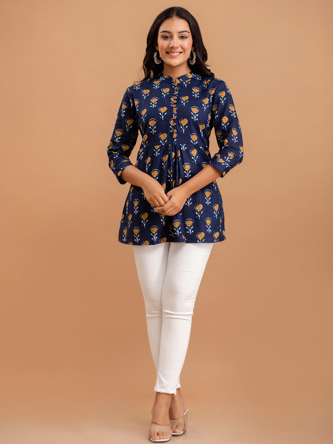 Floral Printed Pure Cotton Pleated A-Line Kurti FRKT6225