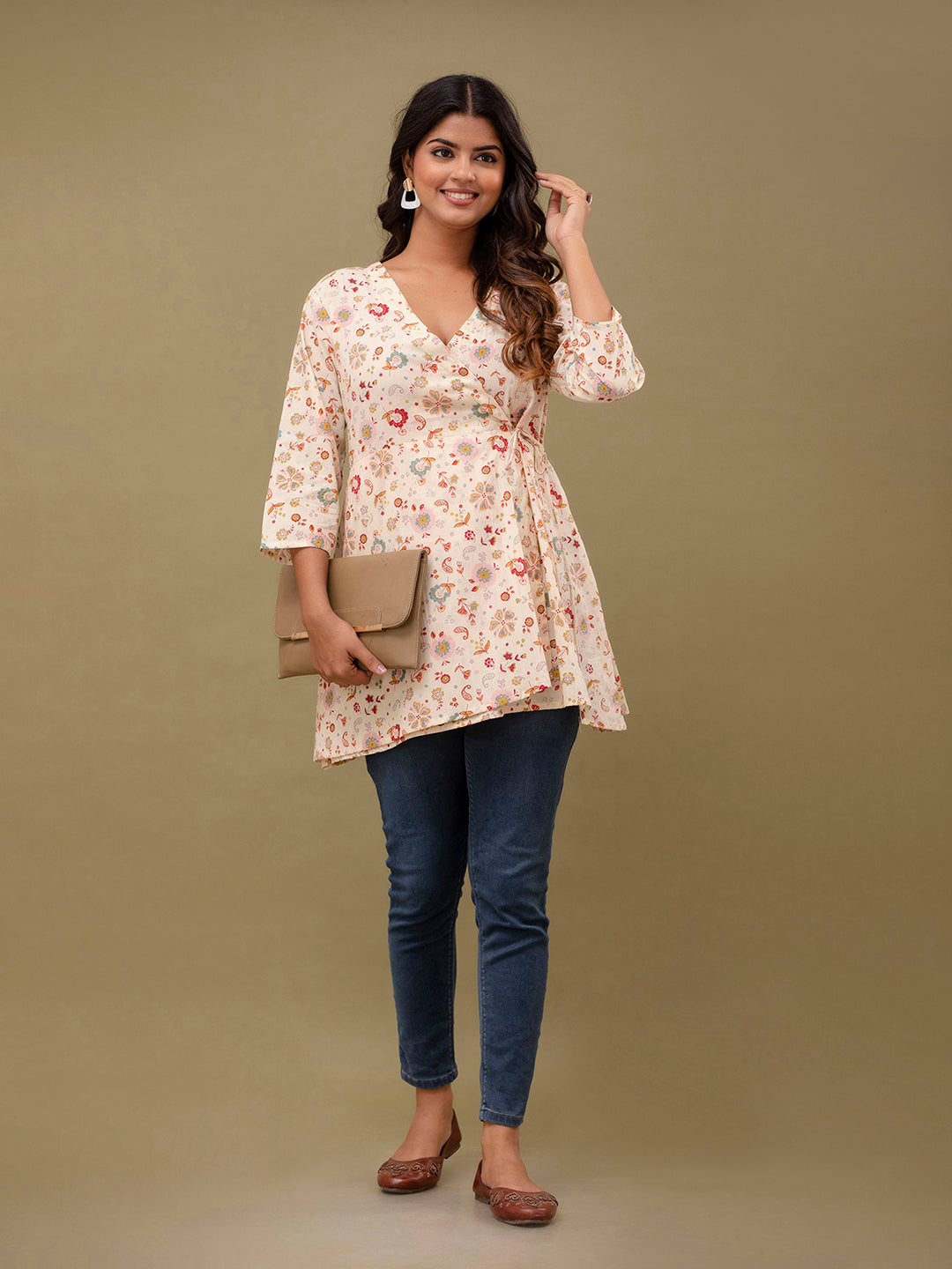 Floral Printed V-Neck Pure Cotton Angrakha A-Line Kurti FRKT6272