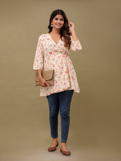 Floral Printed V-Neck Pure Cotton Angrakha A-Line Kurti FRKT6272