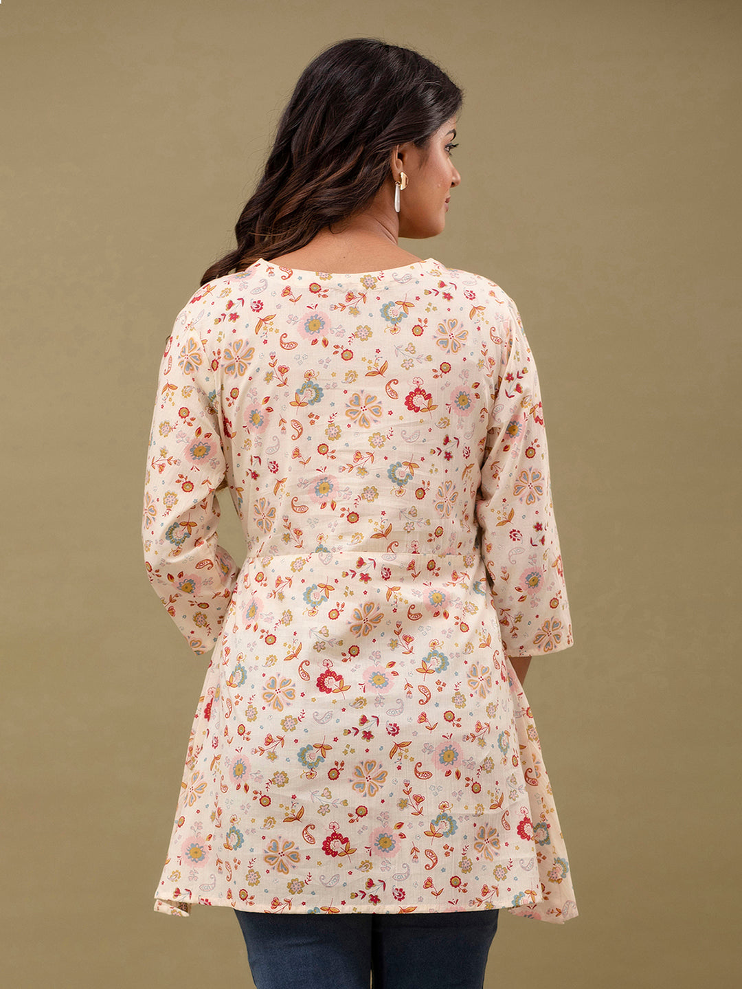 Floral Printed V-Neck Pure Cotton Angrakha A-Line Kurti FRKT6272