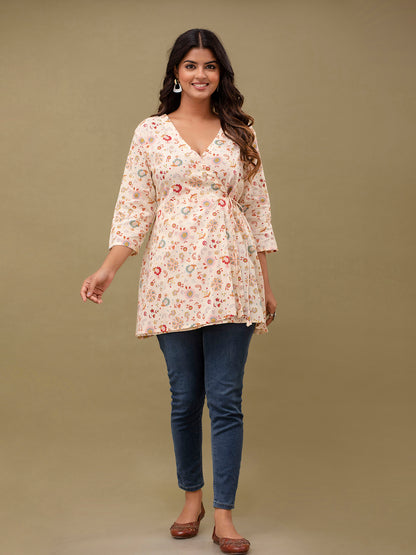 Floral Printed V-Neck Pure Cotton Angrakha A-Line Kurti FRKT6272