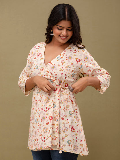 Floral Printed V-Neck Pure Cotton Angrakha A-Line Kurti FRKT6272