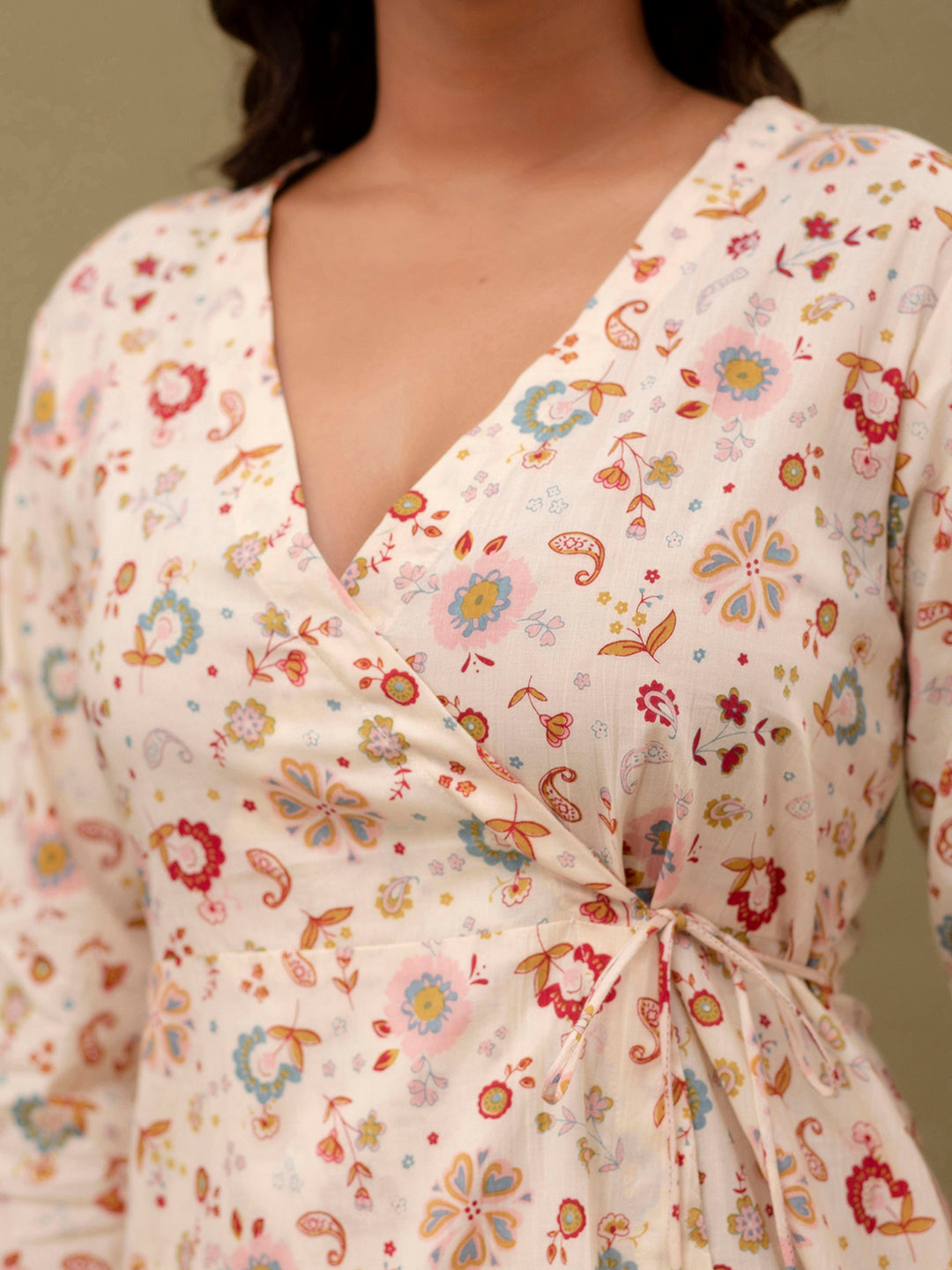 Floral Printed V-Neck Pure Cotton Angrakha A-Line Kurti FRKT6272