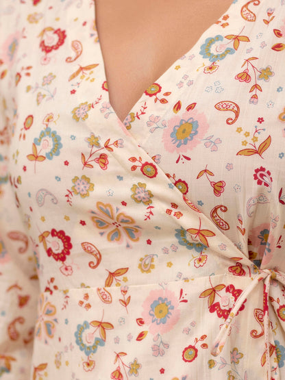 Floral Printed V-Neck Pure Cotton Angrakha A-Line Kurti FRKT6272